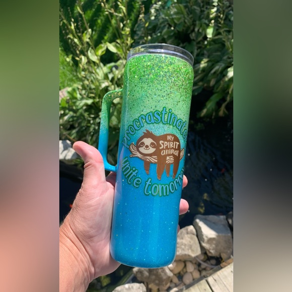 Procastrinators & sloths, spirit animals, funny 20oz skinny tumbler with handle - Picture 11 of 11